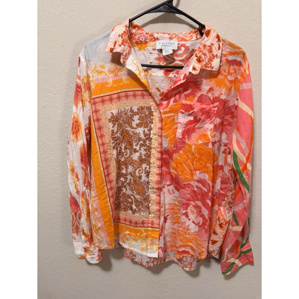 Calypso St. Barth Pink & Orange Floral Button-Up Blouse - Picture 7 of 16